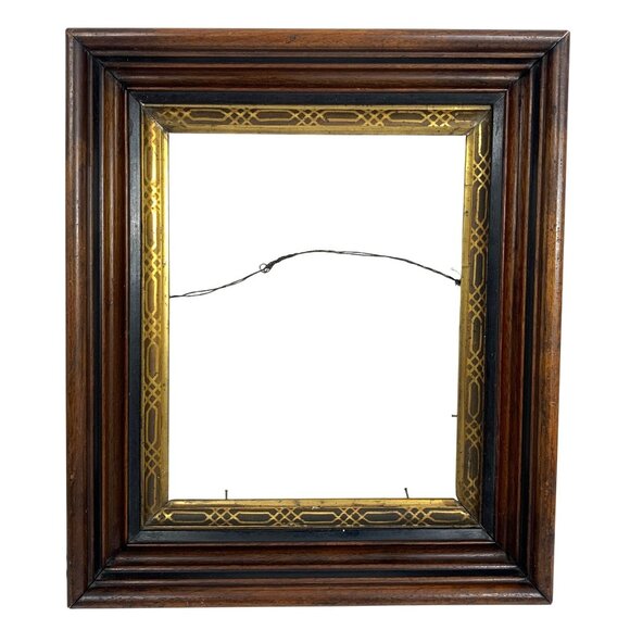 Antique Wood Hanging Wooden Picture Frame Intricate Geometric Gold Design - Picture 1 of 16